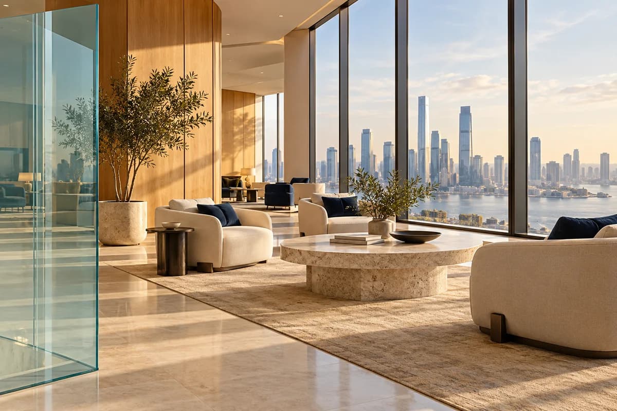 Warm contemporary business lounge with glass details and a city skyline