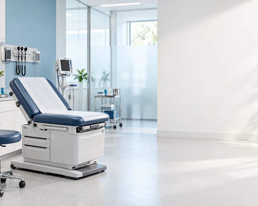 Bright modern medical clinic paired with a concept appointment scheduling interface.
