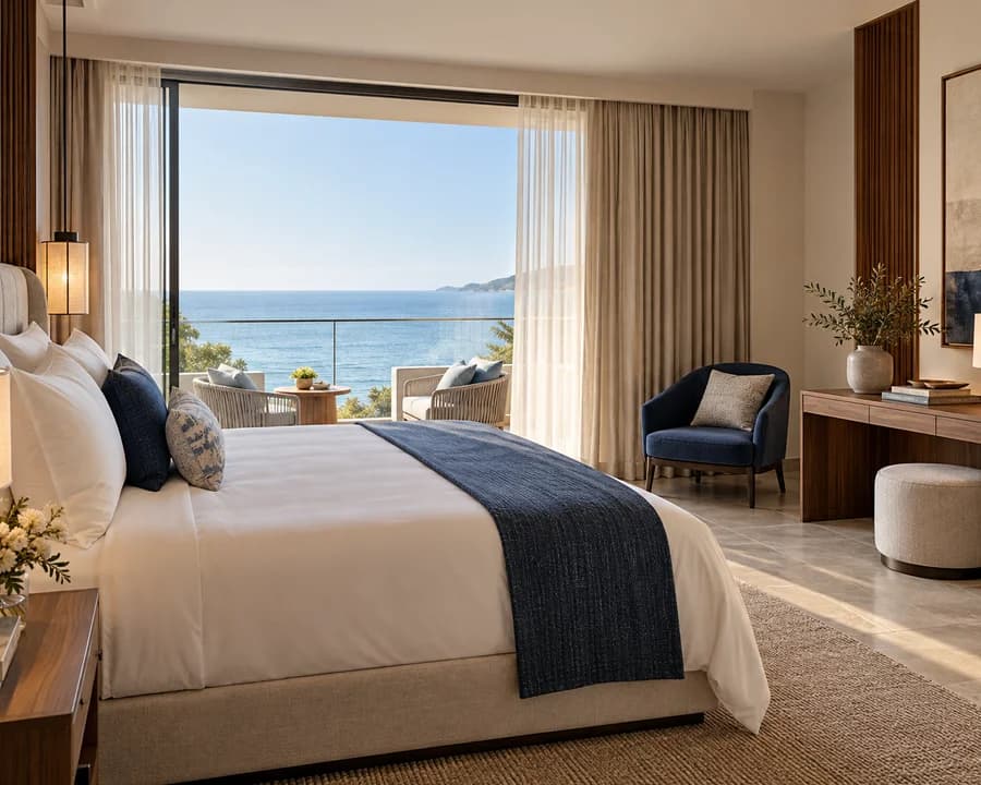 Contemporary hotel bedroom with a concept room availability and booking interface.